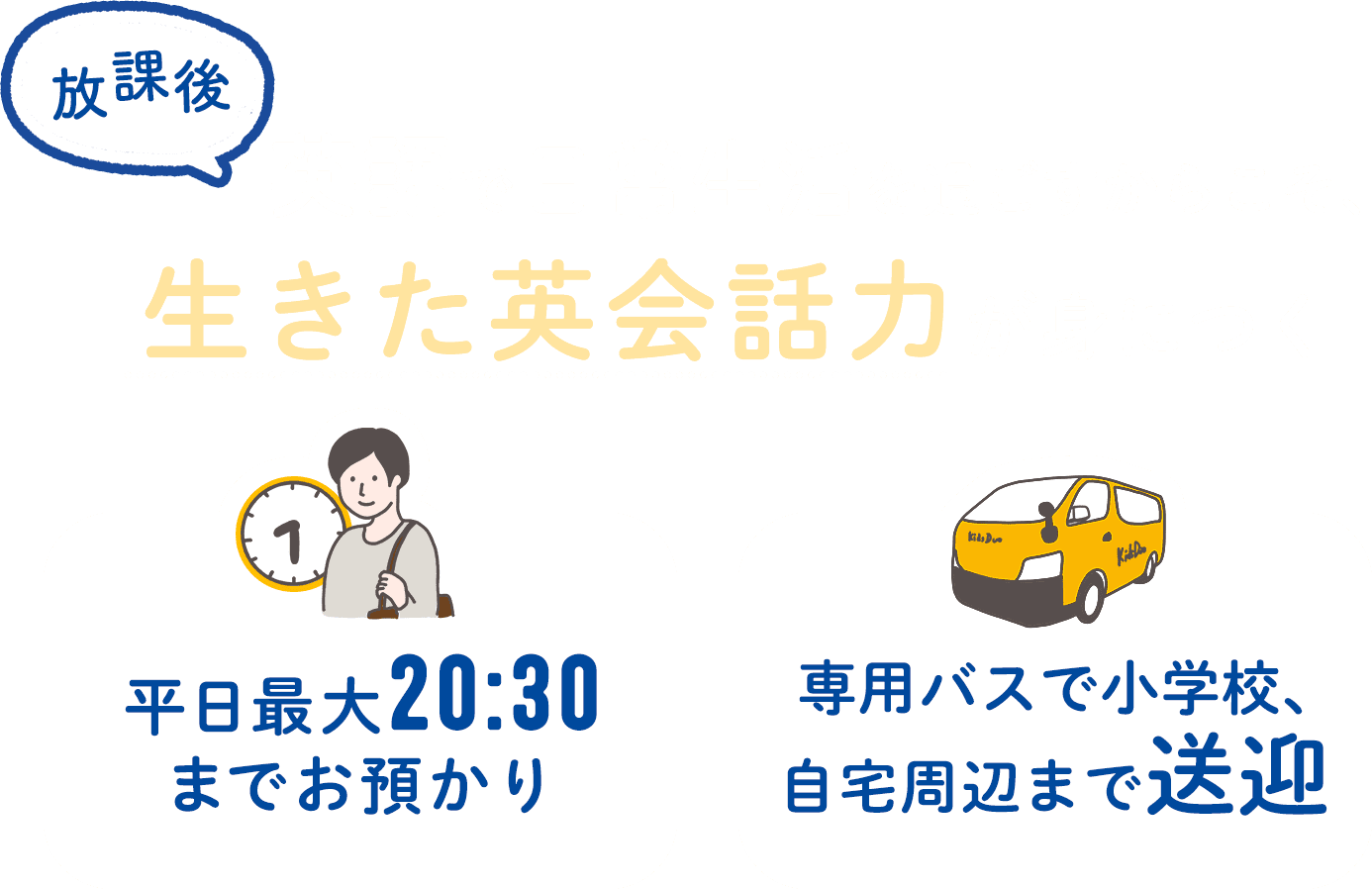 放課後英語で日常生活を過ごすからこそ、生きた英会話力が身につく 平日最大20:30までお預かり 専用バスで小学校、自宅周辺まで送迎